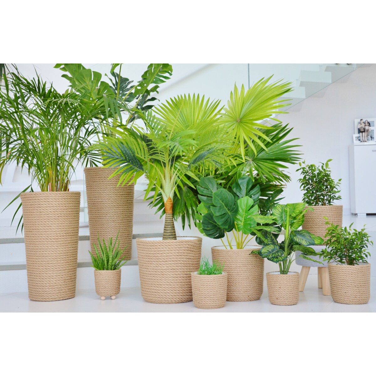 43 BOHO jutowa duża szeroka osłonka na doniczkę koszyk naturalna lina z trawy plecionej JUTA styl skandynawski etno loft wzór 43/210