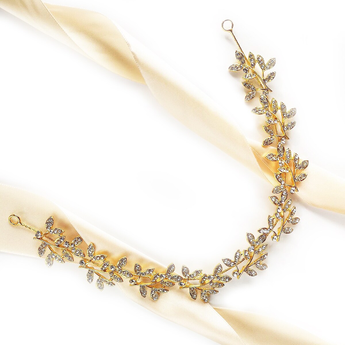 Gałązka wianek złoty ślubny cyrkonie opaska LISTKI błysk