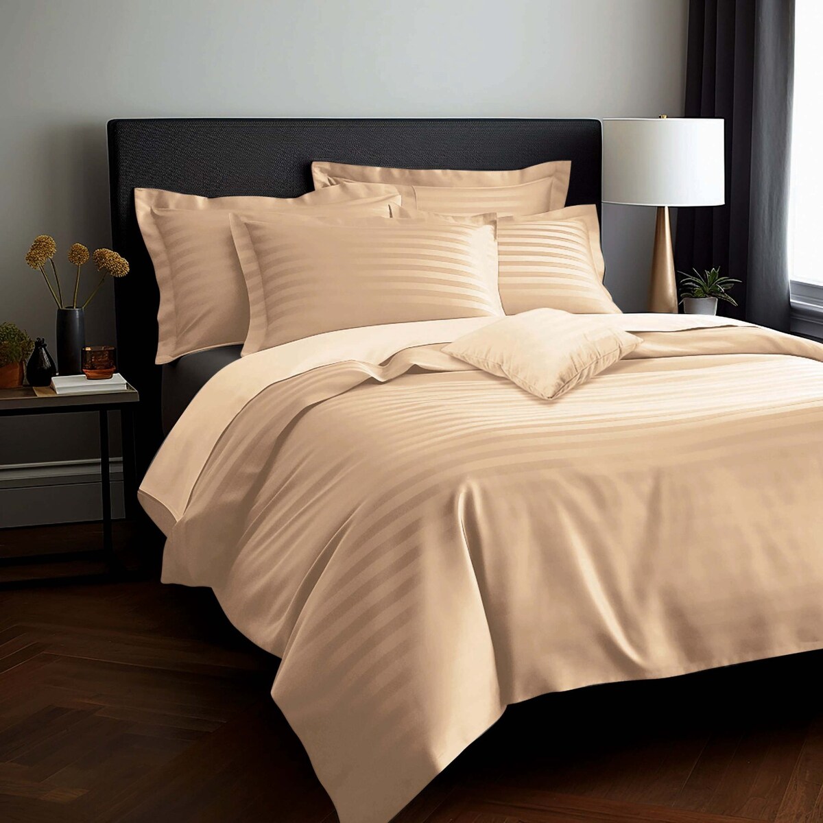 Pościel bambusowa satyna bawełniana 220x200 Bamboo paski, beżowa