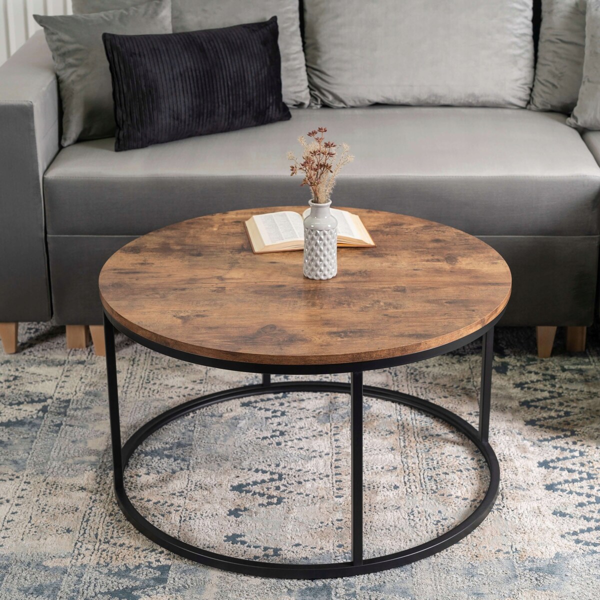 Stolik Kawowy Okrągły Loft Dąb Rustykalny Czarny TIM MAX