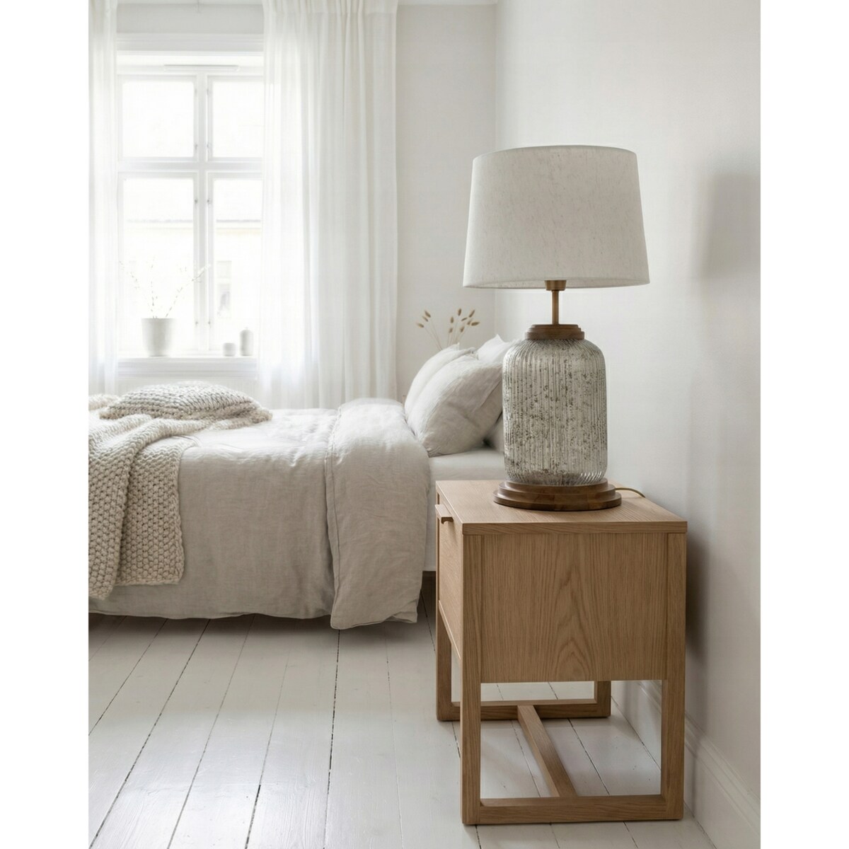 LAMPA STOŁOWA DUŻA 50cm BIURKOWA NOCNA BOHO E27 DREWNIANA SZKLANA DO SALONU