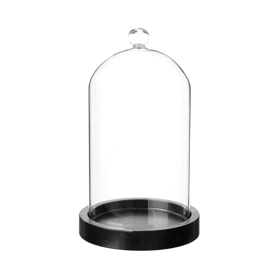 Szklana kopuła z czarną drewnianą podstawą NORDIC, wys. 19 cm