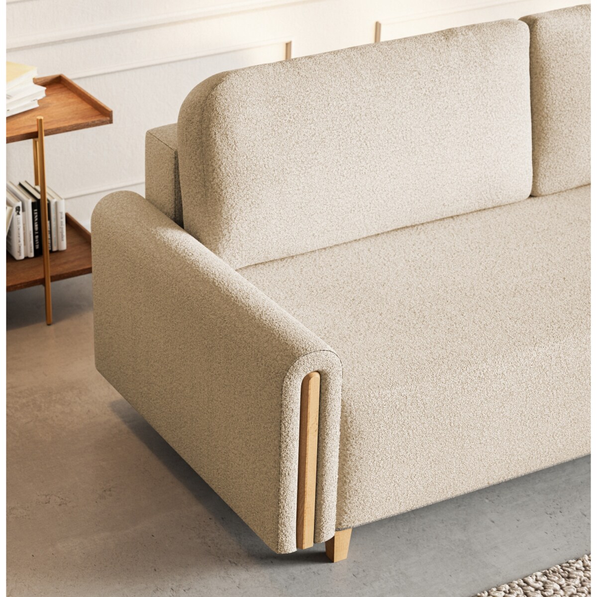 Sofa MODERN z funkcją spania - jasny beż+ drewno buk