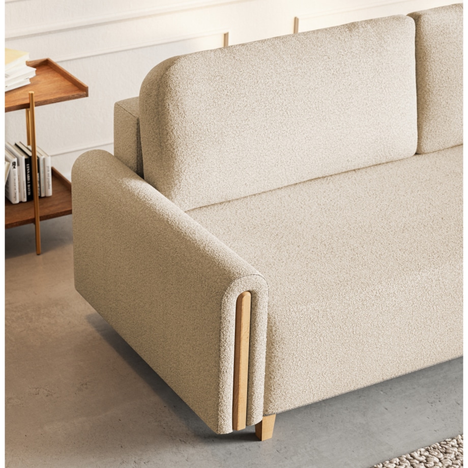 Sofa MODERN z funkcją spania - jasny beż+ drewno buk