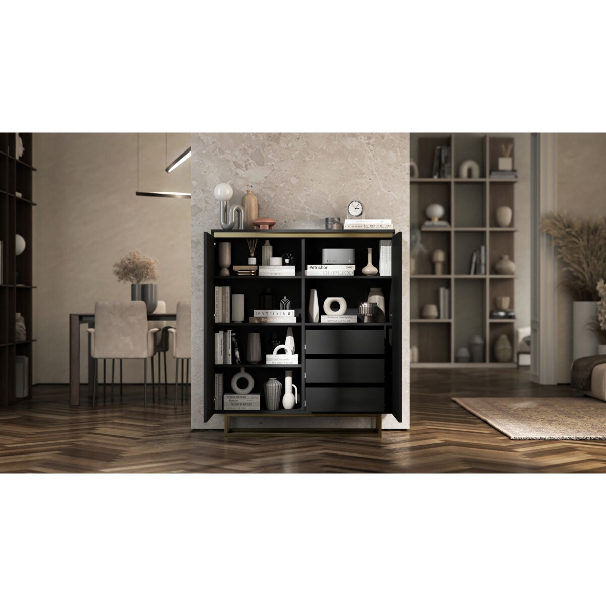 Komoda Glamour Szafka RTV Czarny MAT ryflowane fronty złote akcenty 110,8 cm
