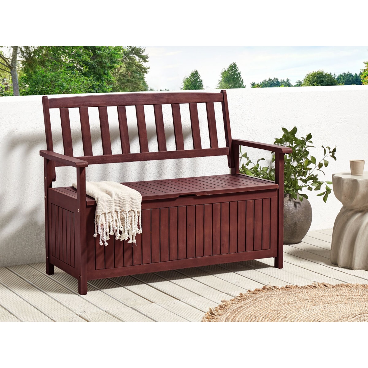 Ławka ogrodowa ze schowkiem 120 cm drewniana mahoniowy brąz SOVANA