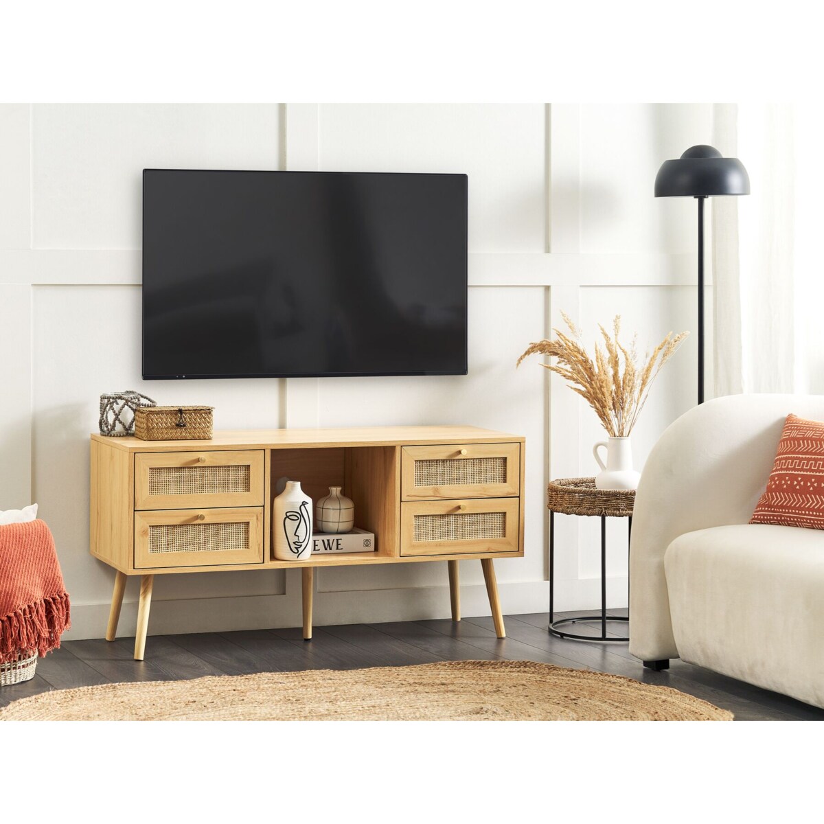 Szafka RTV z frontem rattanowym jasne drewno PEROTE