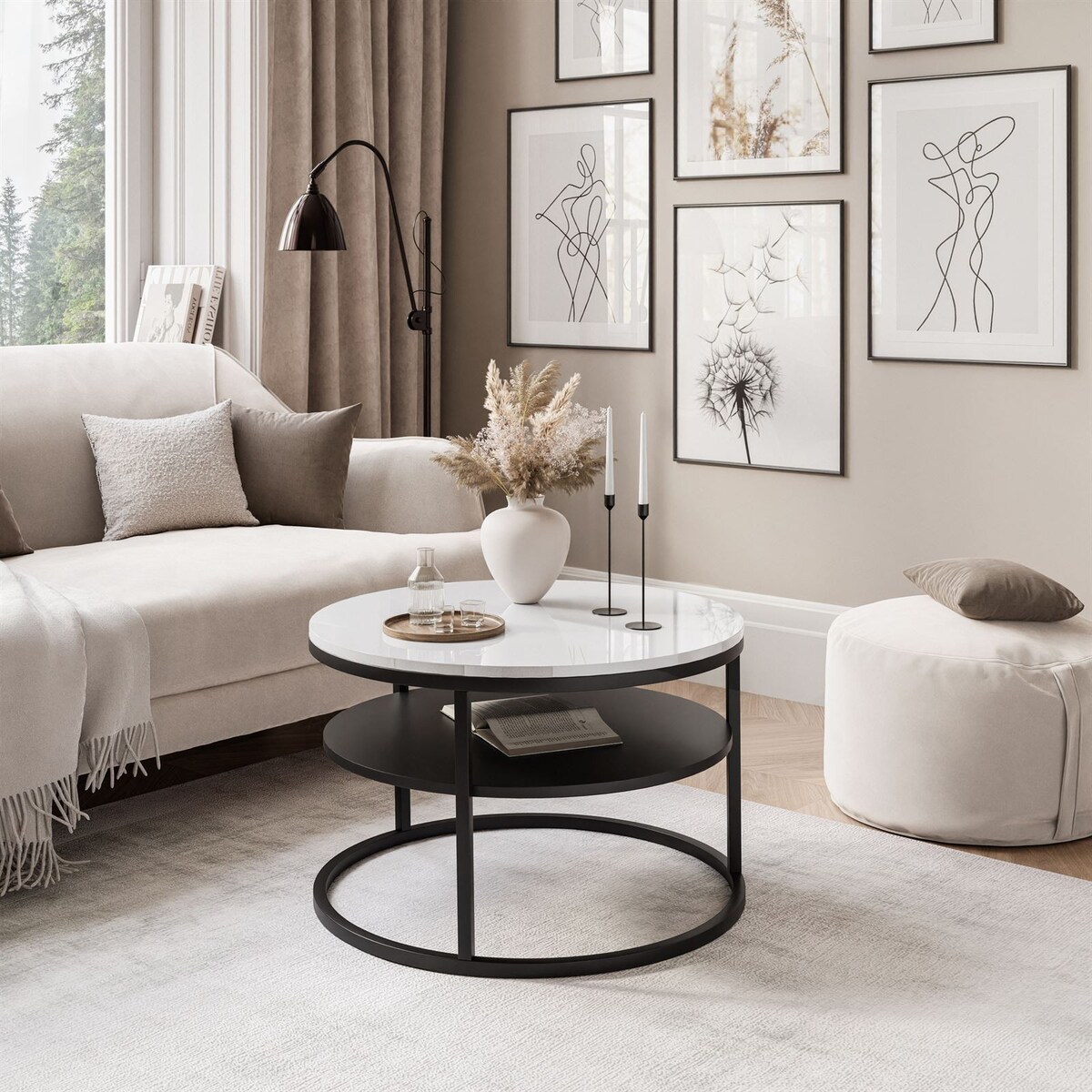 Stolik kawowy CIRI SLIM z półką czarny biały połysk