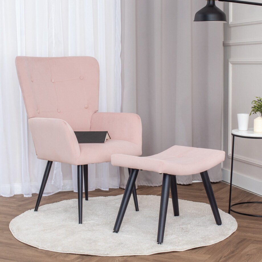 Fotel uszak z podnóżkiem do salonu wypoczynkowy welurowy tapicerowany różowy