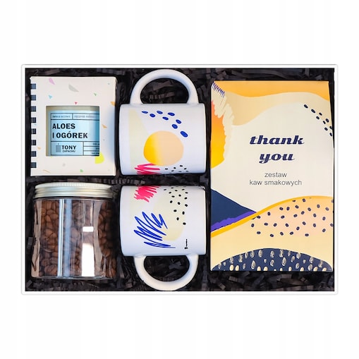 BOX prezentowy THANK YOU - zestaw kaw smakowych świeca sojowa kubki kawa waniliowa - prezent upominek podziękowanie dla nauczyciela wychowawcy kobiety faceta