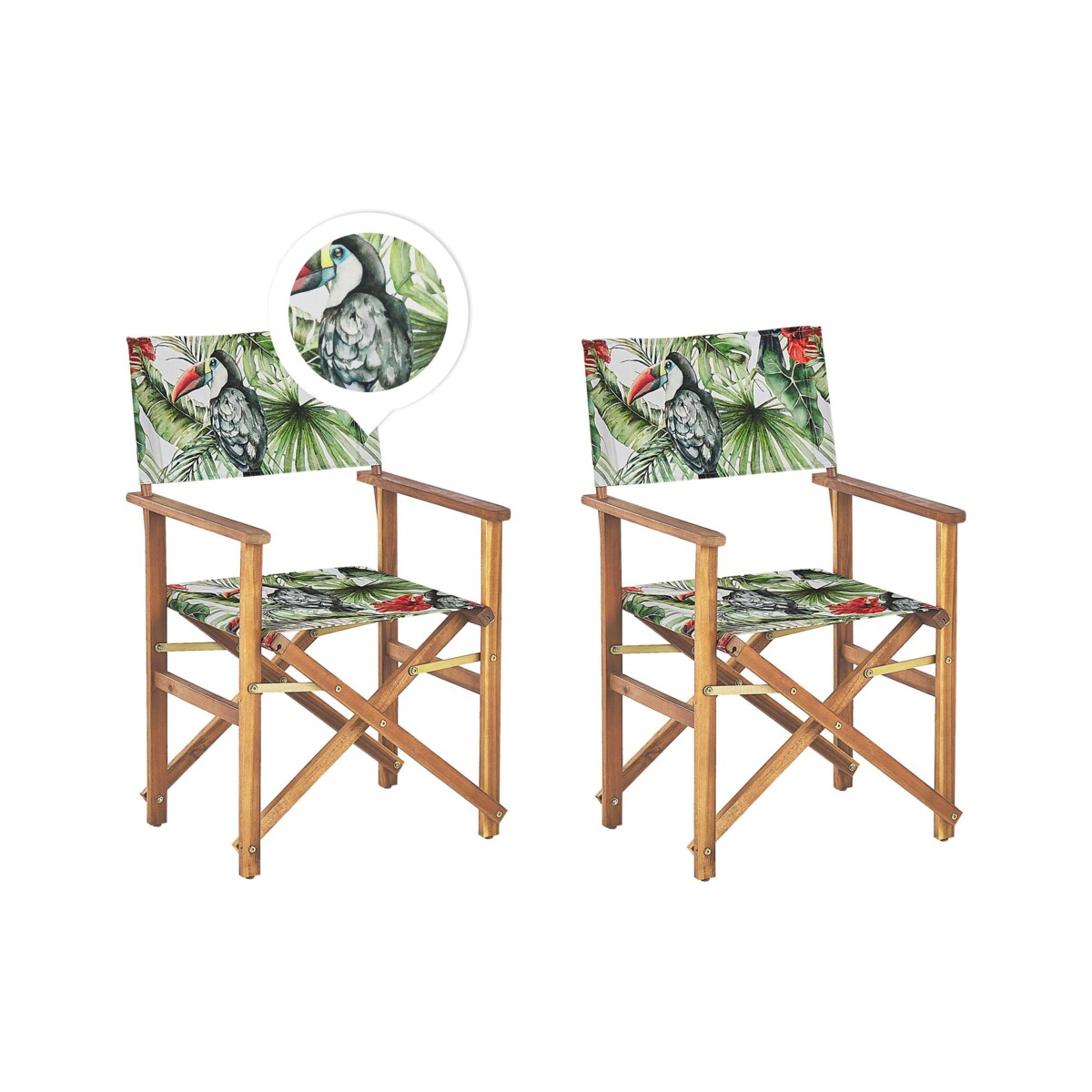 Zestaw 2 krzeseł ogrodowych akacjowy jasne drewno z białym / wzór w tukany CINE