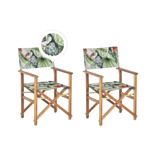 Zestaw 2 krzeseł ogrodowych akacjowy jasne drewno z białym / wzór w tukany CINE
