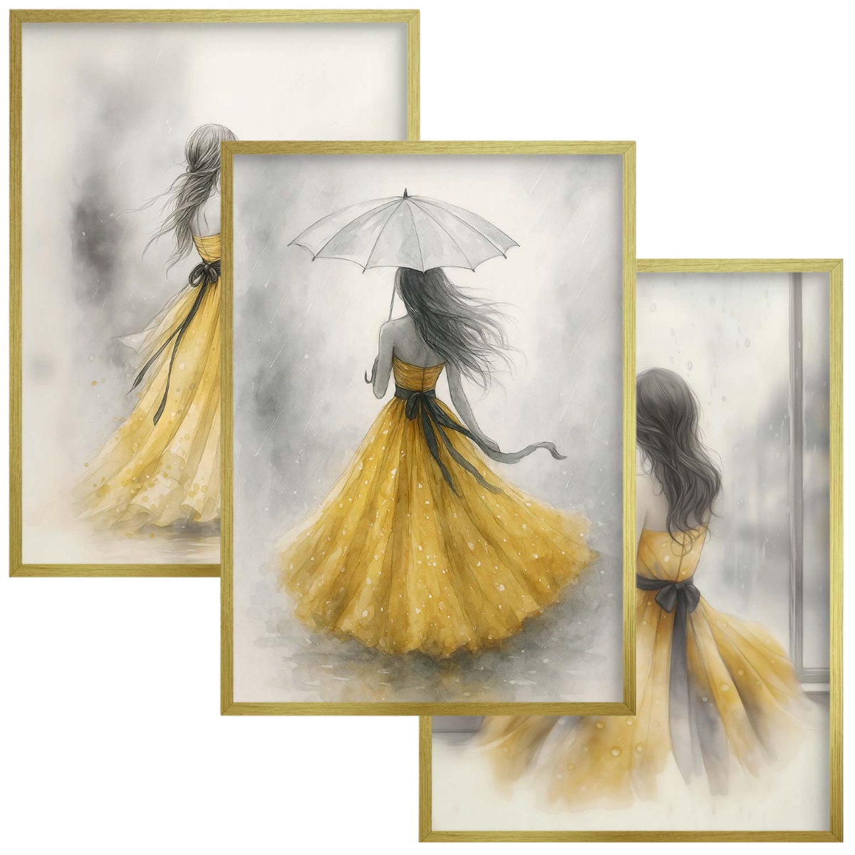 Plakaty na ścianę Złote ramki Akwarela Tryptyk Kobieta Obrazy do salonu