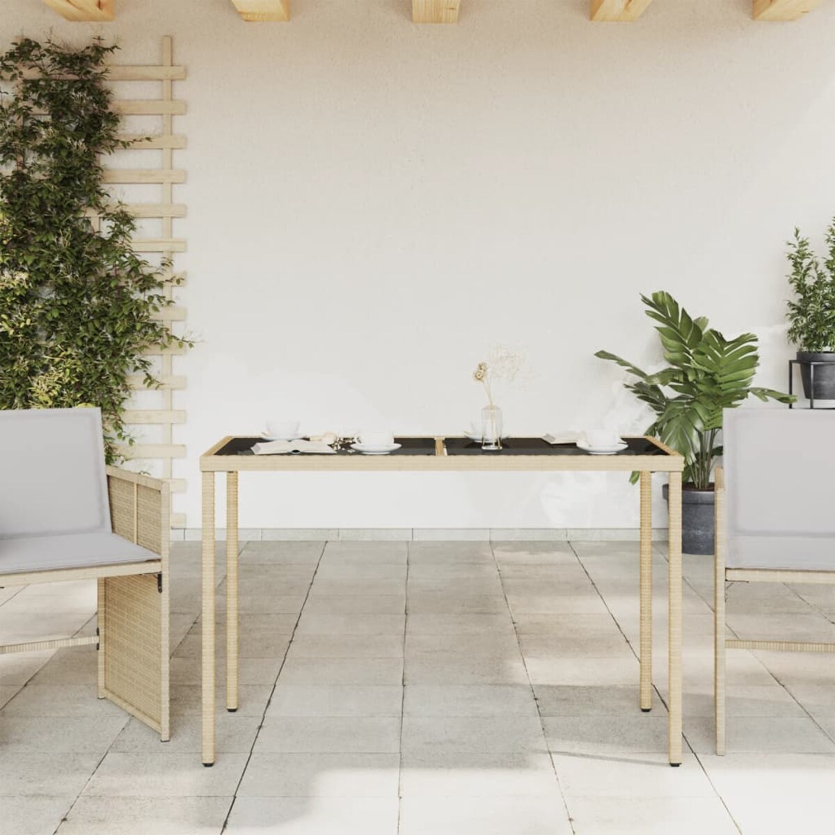 vidaXL Stół ogrodowy ze szklanym blatem, beż, 115x54x74 cm, rattan PE