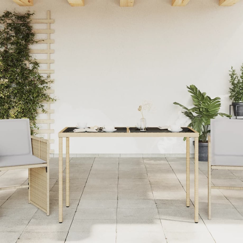 vidaXL Stół ogrodowy ze szklanym blatem, beż, 115x54x74 cm, rattan PE