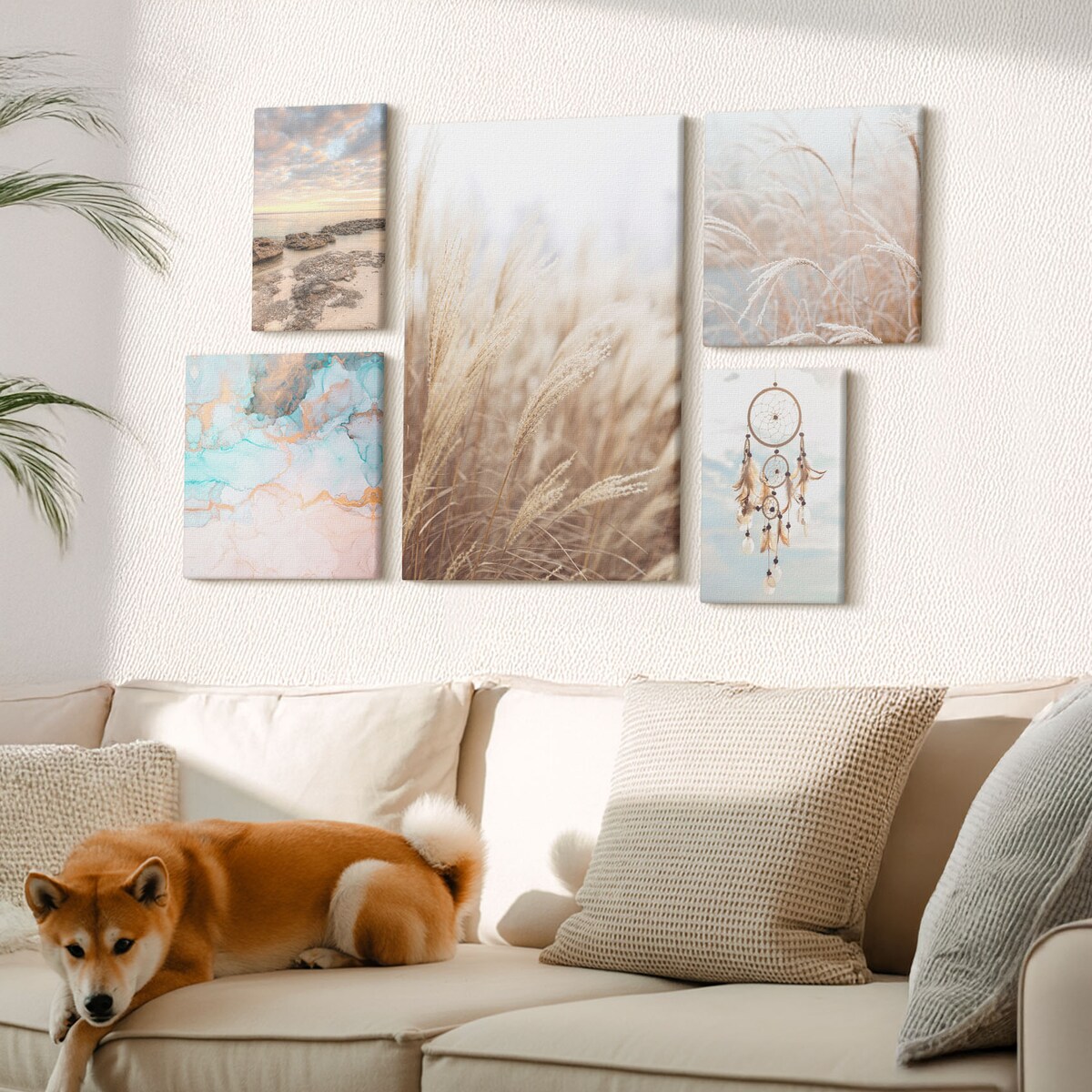 Zestaw 5 obrazów na płótnie - Naturalne pejzaże boho etno - beżowy