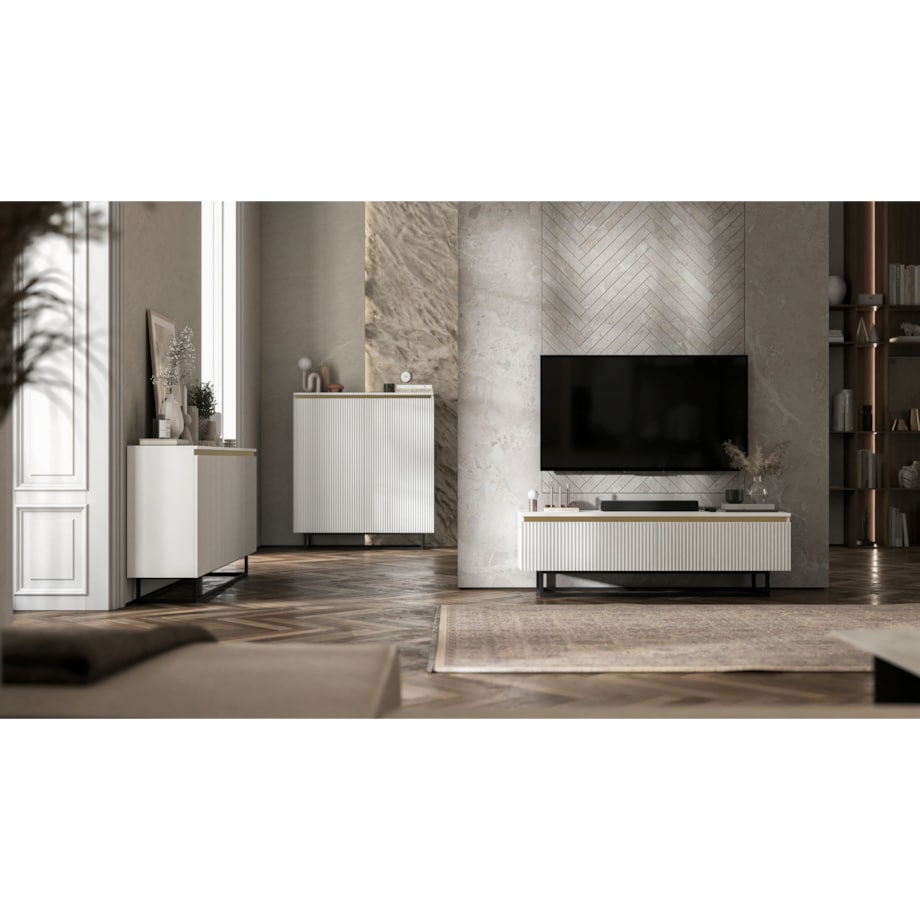 Komoda Glamour Szafka RTV Biały MAT ryflowane fronty czarny stelaż 166,8 cm