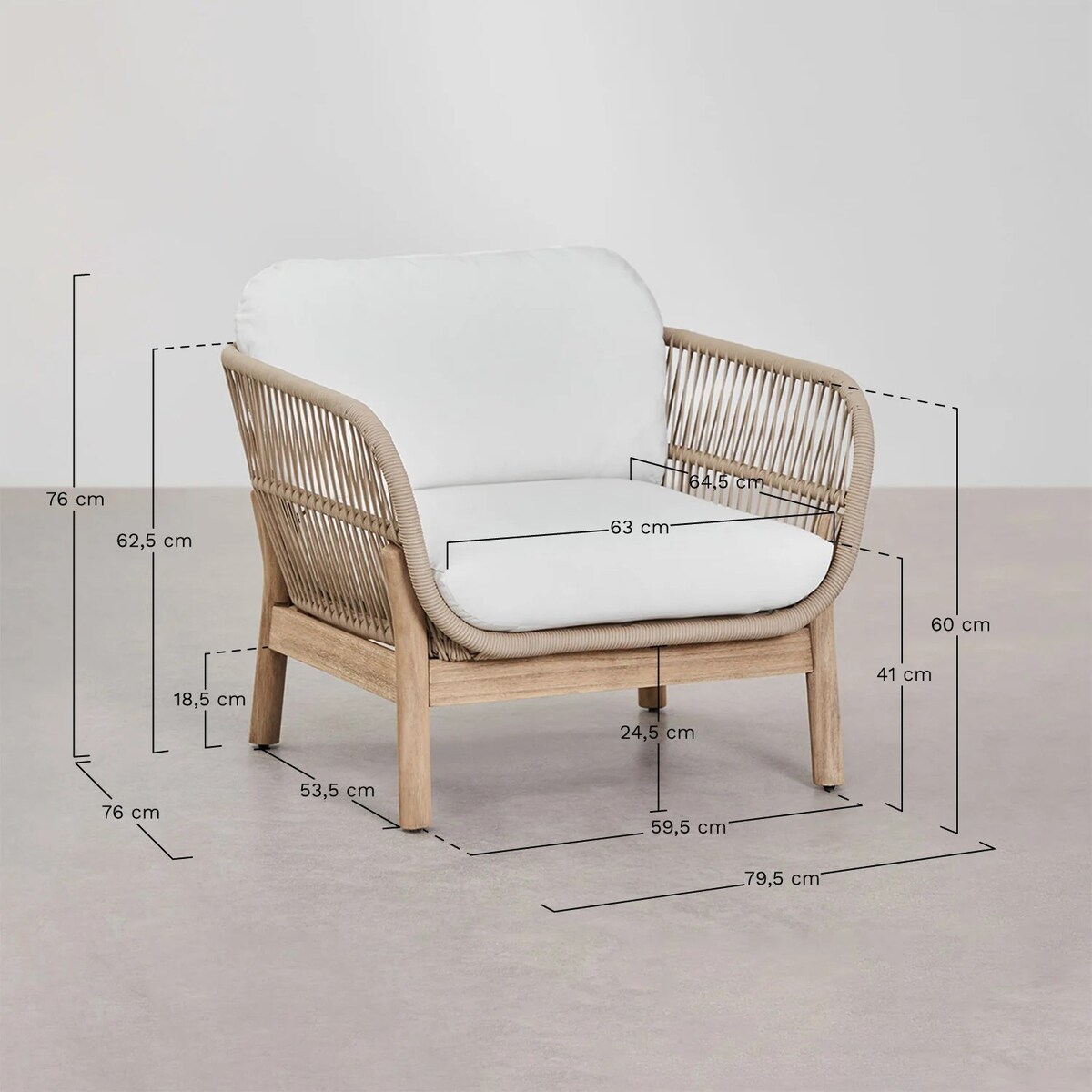 Zestaw ogrodowy: 3-osobowa sofa, 2 fotele, stolik kawowy, akacja i pleciona lina, Karvia