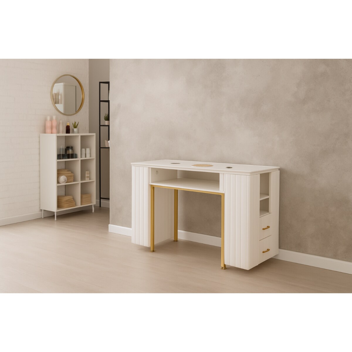 Biurko kosmetyczne z otworem na pochłaniacz biało-złote 130x45x78
