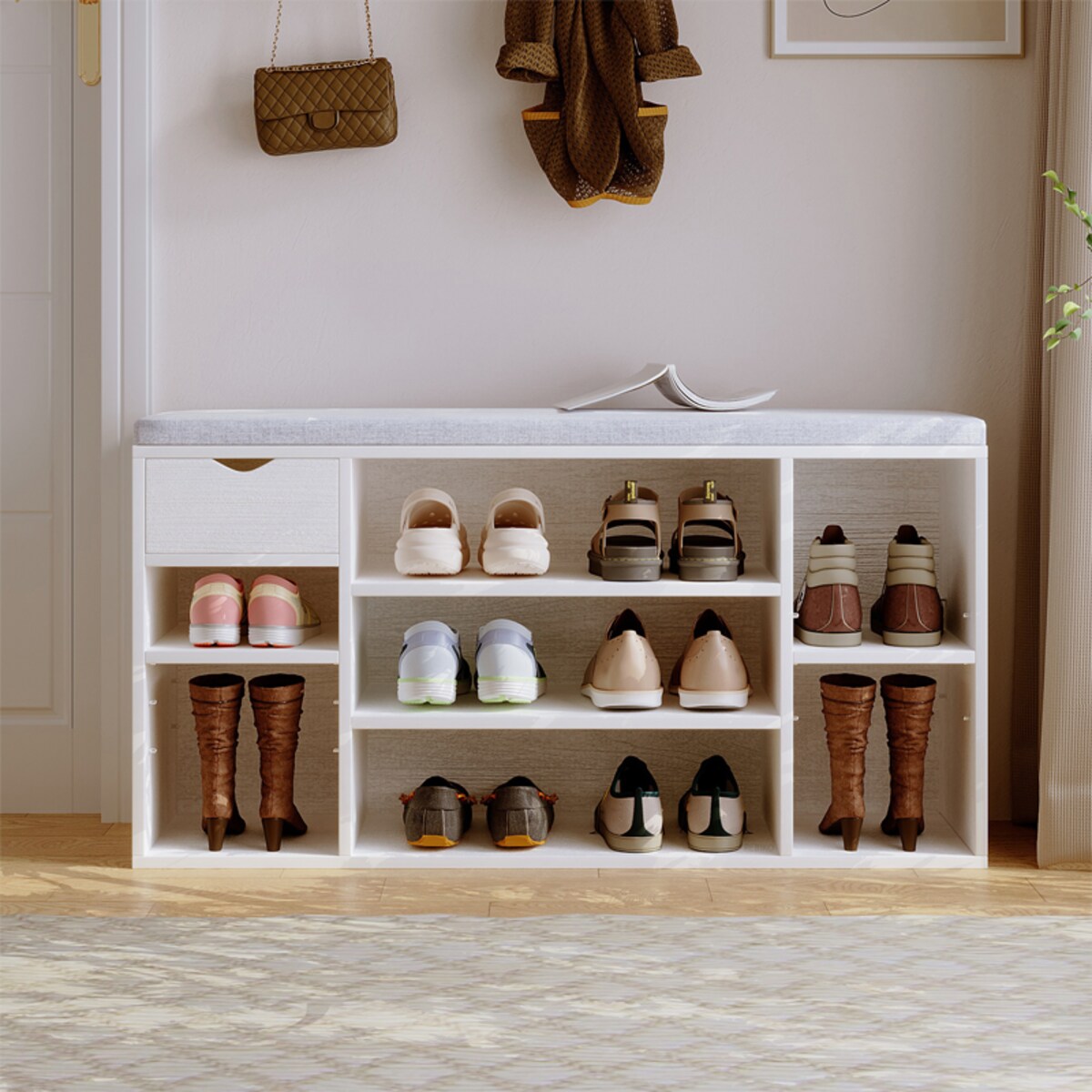 Szafka na buty z szarym siedziskiem biała przedpokój nowoczesna 100 cm