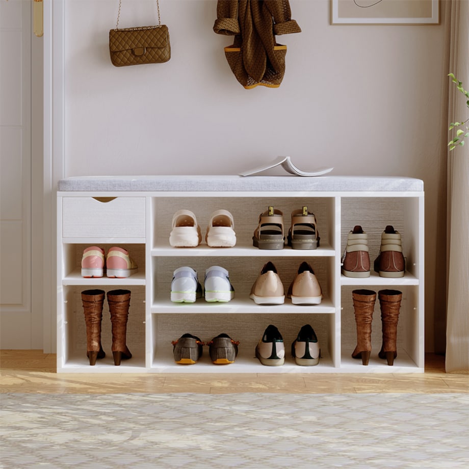 Szafka na buty z szarym siedziskiem biała przedpokój nowoczesna 100 cm