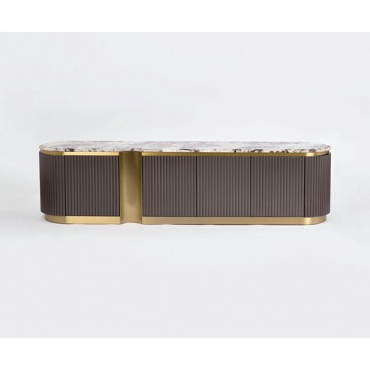 Ryflowana szafka RTV złota Nutris Glamour Premium z blatem marmurowym 200x40x50