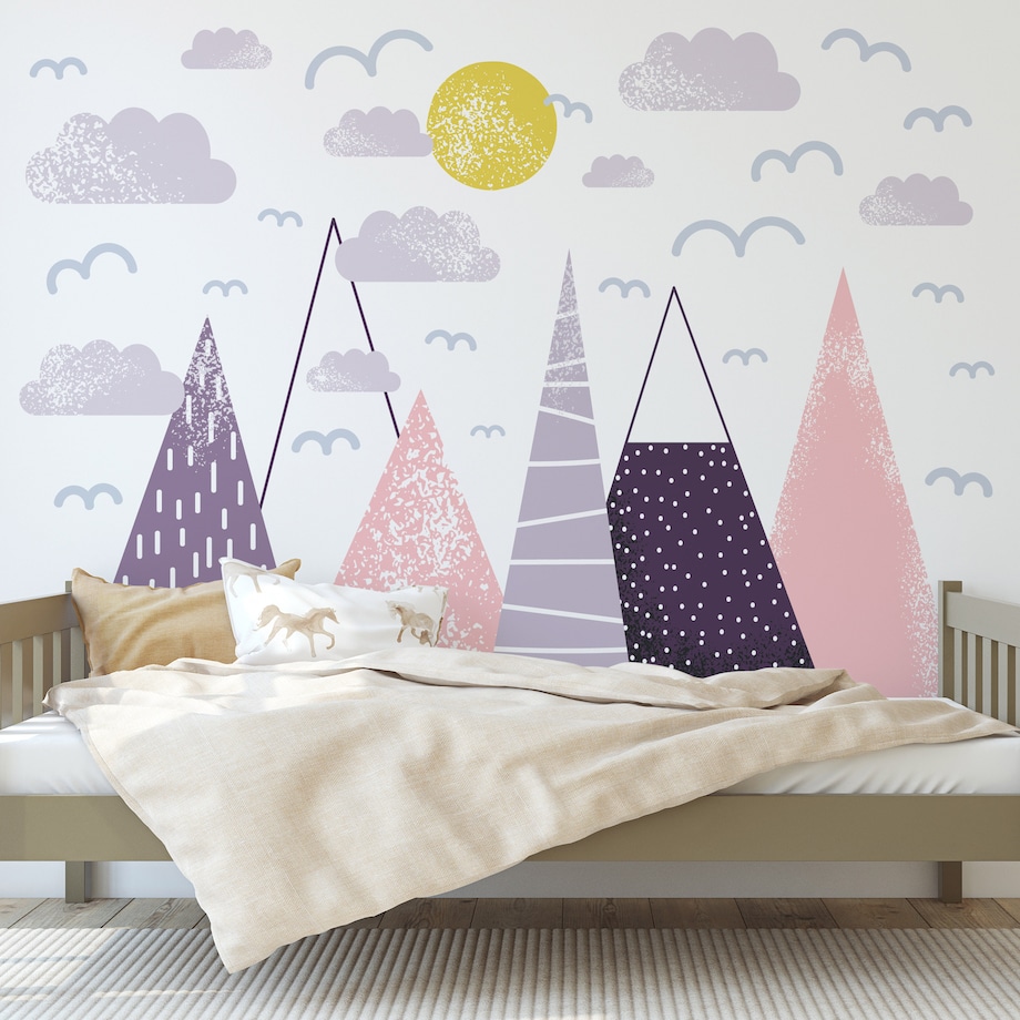 ZESTAW NAKLEJEK DLA DZIECI PTAKI CHMURY RÓŻOWE GÓRY SŁOŃCE