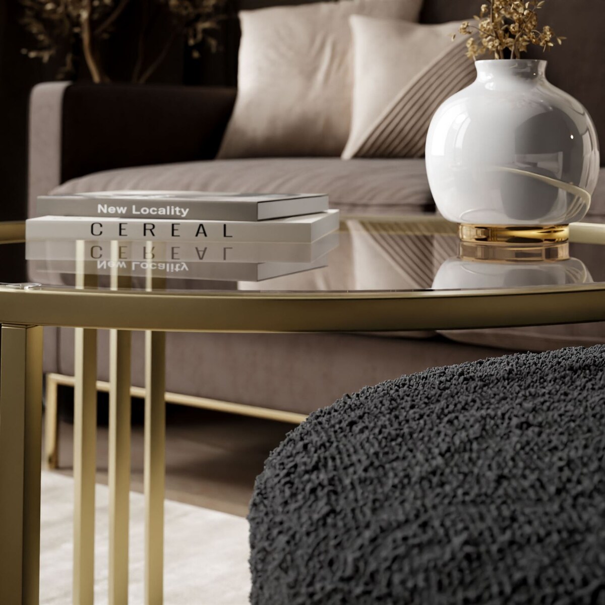 Stolik kawowy z pufą LORI GLASS złoto szczotkowane, przezroczyste szkło / Coral 60