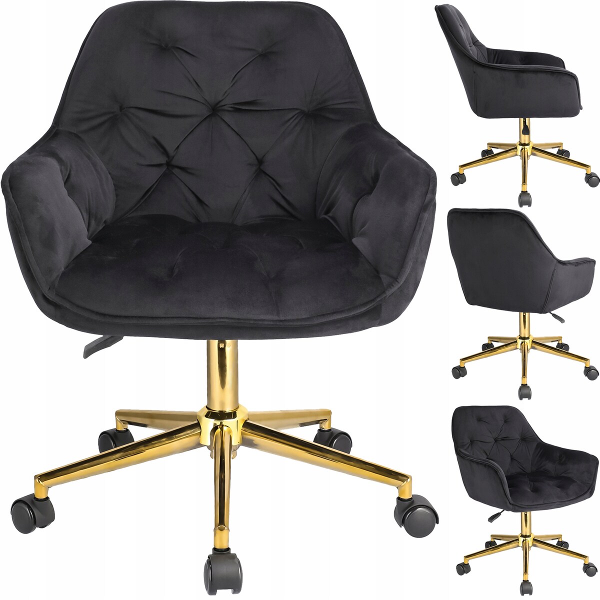 Fotel obrotowy welurowy LARGO czarny na złotej stopie