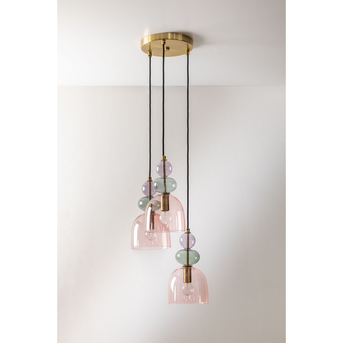 Lampa wisząca potrójna złota kolorowe szkło Zanya