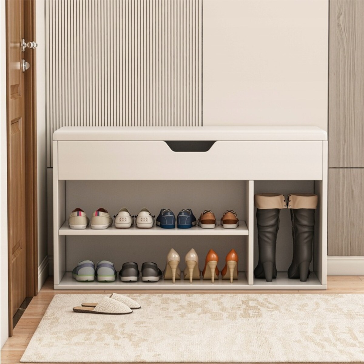 Szafka na buty z siedziskiem drewniana schowek 3 półki otwierana biała 80cm