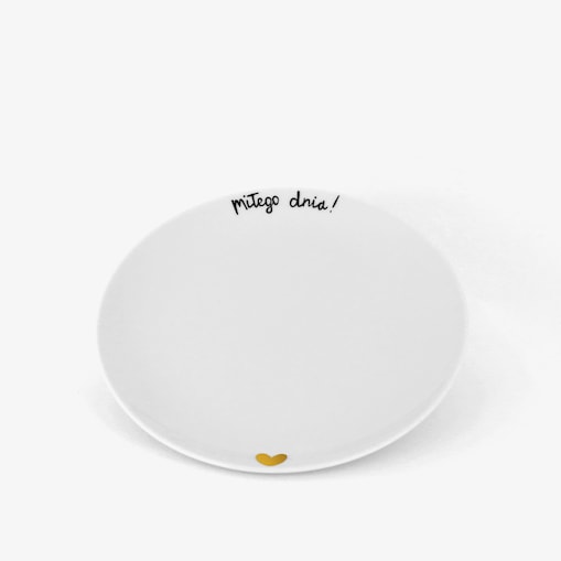 Biały talerz porcelanowy - motyw złotego serca z napisem Miłego dnia dla bliskiej osoby na każdą okazję