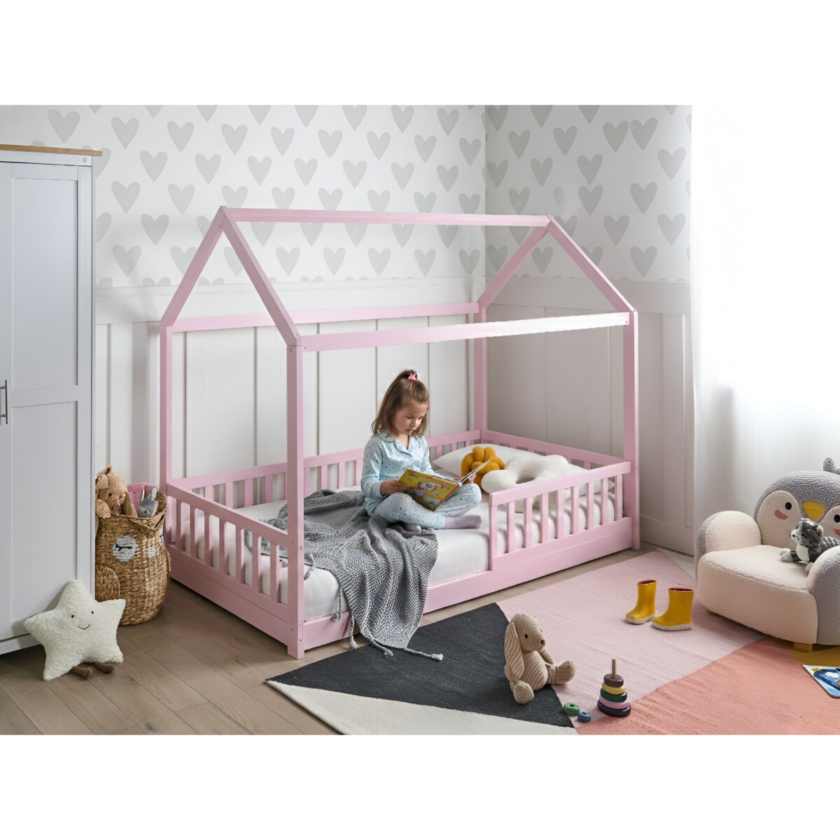 Łóżko dziecięce Domek Drewno sosnowe COSSAYE 90 x 200 cm Pastelowy róż