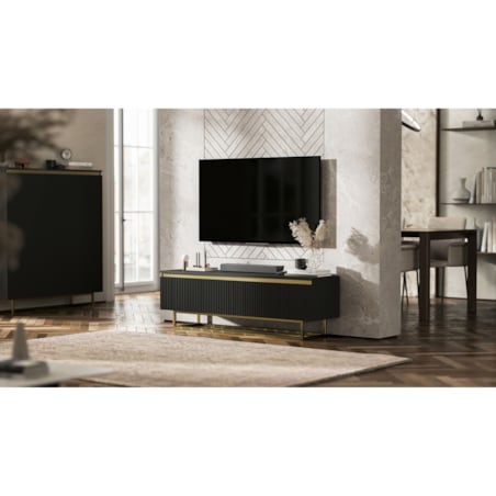 Nowoczesna Szafka RTV Glamour Komoda RTV Czarny Mat 140 cm złote akcenty