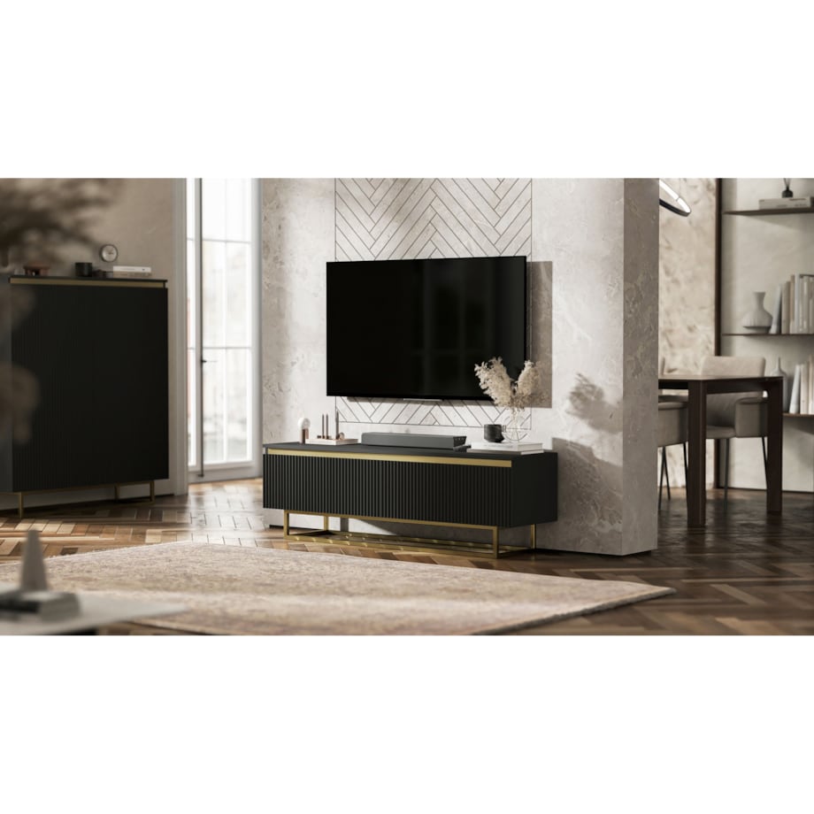 Nowoczesna Szafka RTV Glamour Komoda RTV Czarny Mat 140 cm złote akcenty