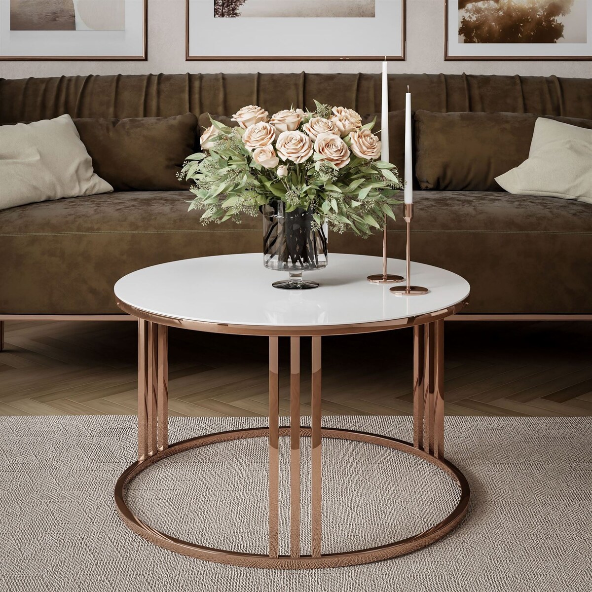 Okrągły stolik kawowy LORI GLASS z miedzianym stelażem, białe szkło
