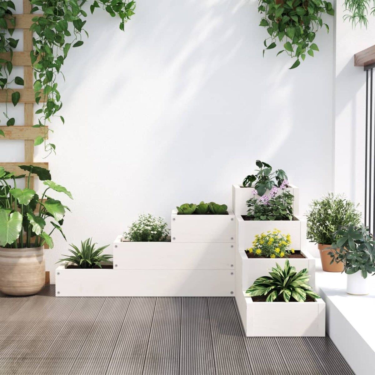 vidaXL Donica ogrodowa, 4-poziomowa, 80,5x79x36 cm, biała, sosnowa