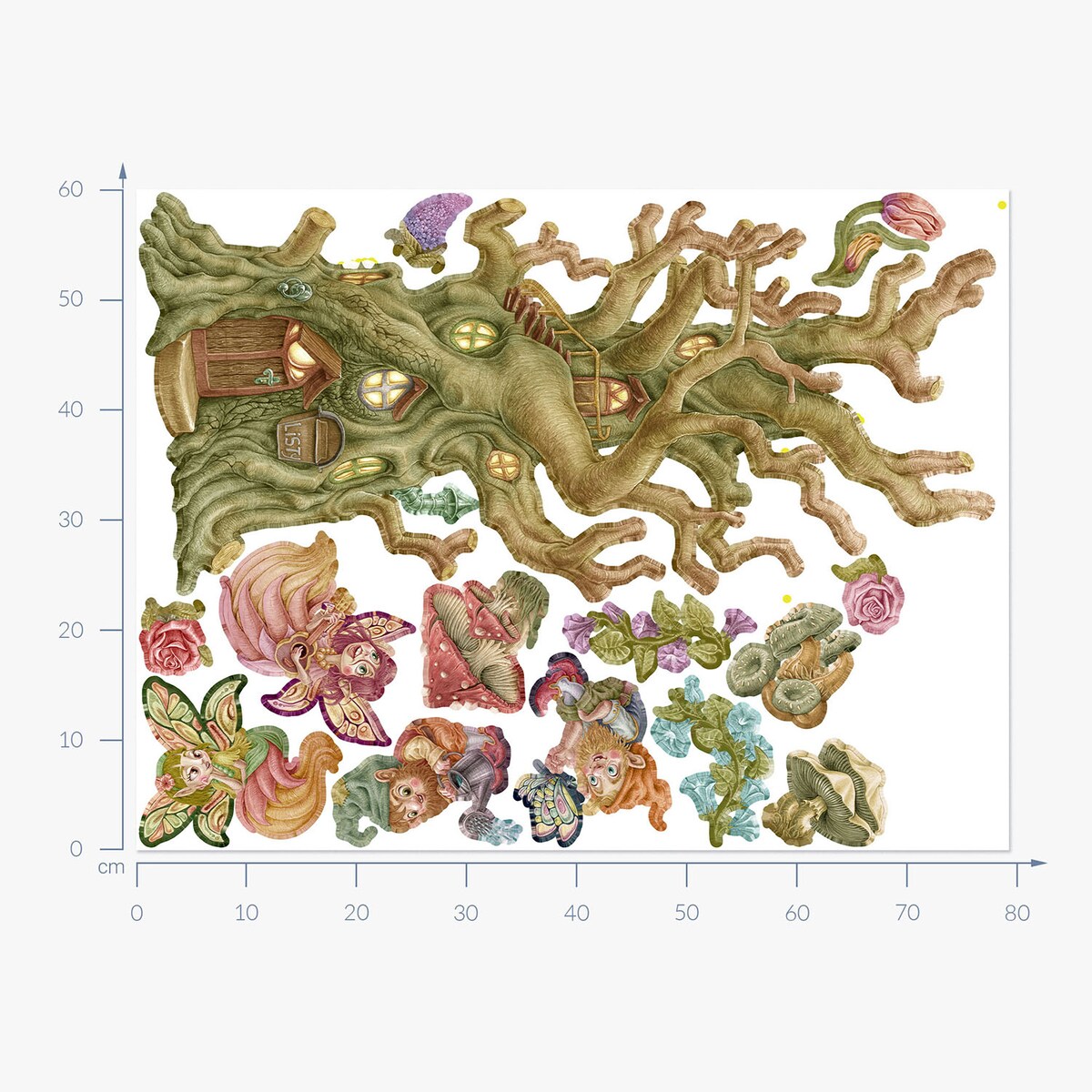 Zestaw naklejek na ścianę, Wróżki krasnale i domek, 60cm