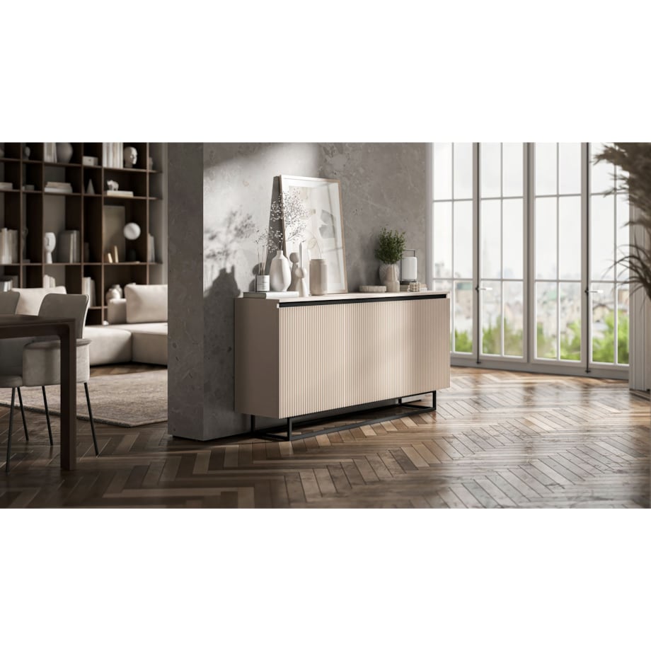 Komoda Glamour Szafka RTV Kaszmir MAT ryflowane fronty czarny stelaż 166,8 cm