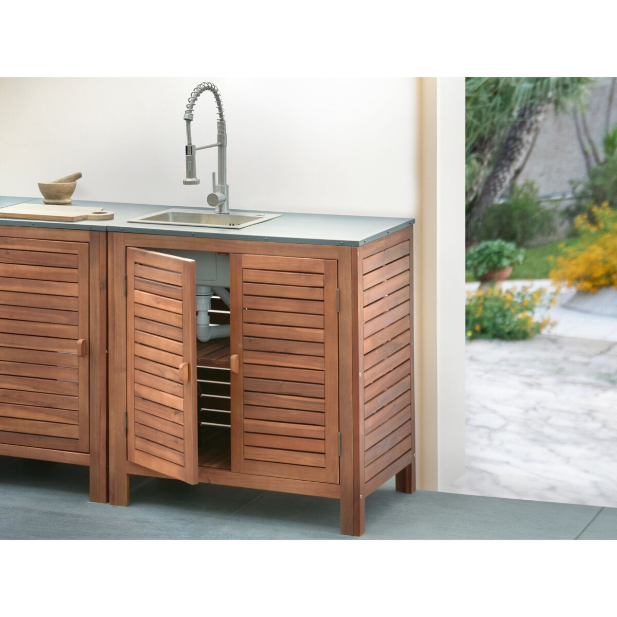 Szafka kuchenna ogrodowa ze zlewem BRUCOLI Drewno akacjowe 80 cm 50 cm Brązowy/ srebrny
