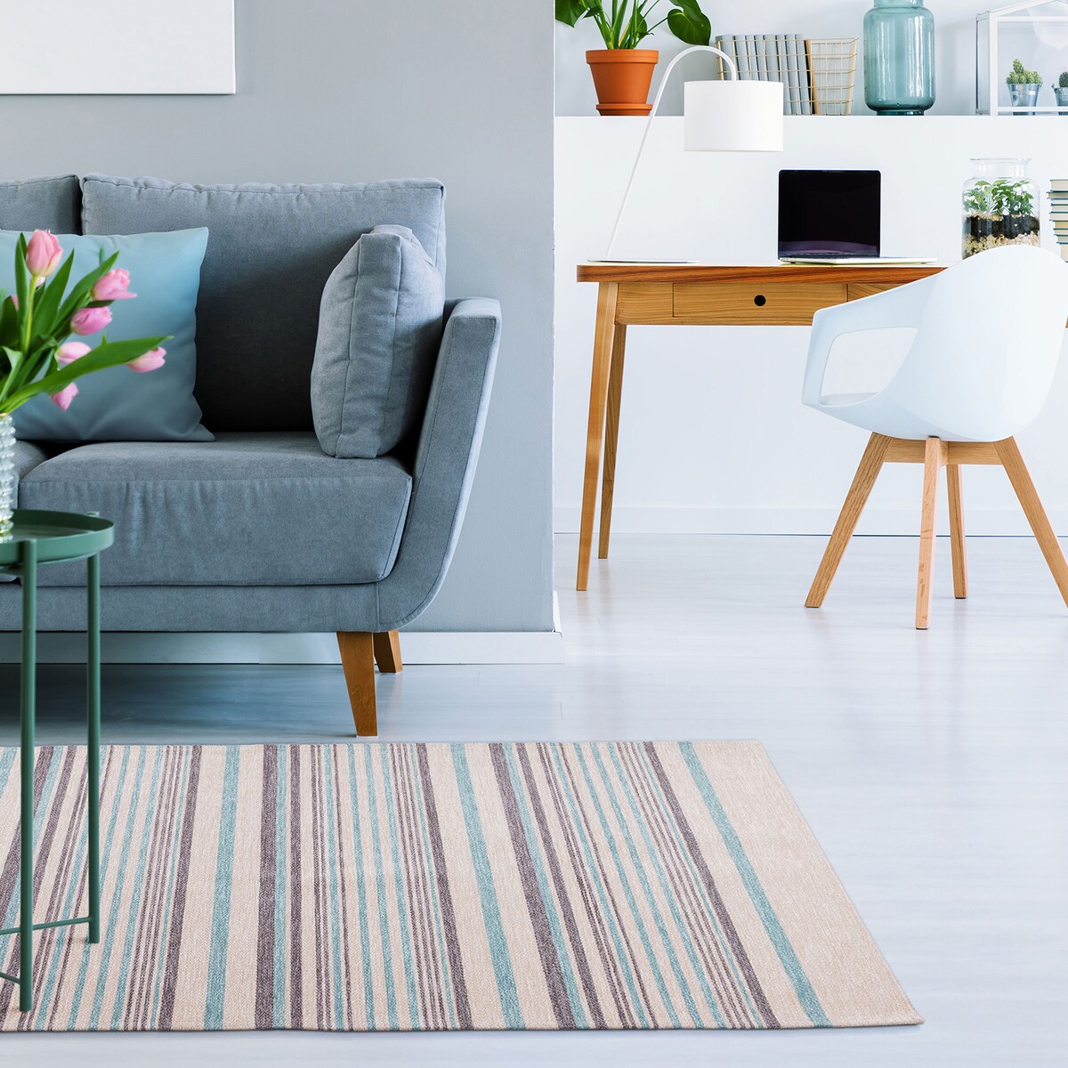 Dywan Laos Chenille 55x85 cm paski beżowo-turkusowe