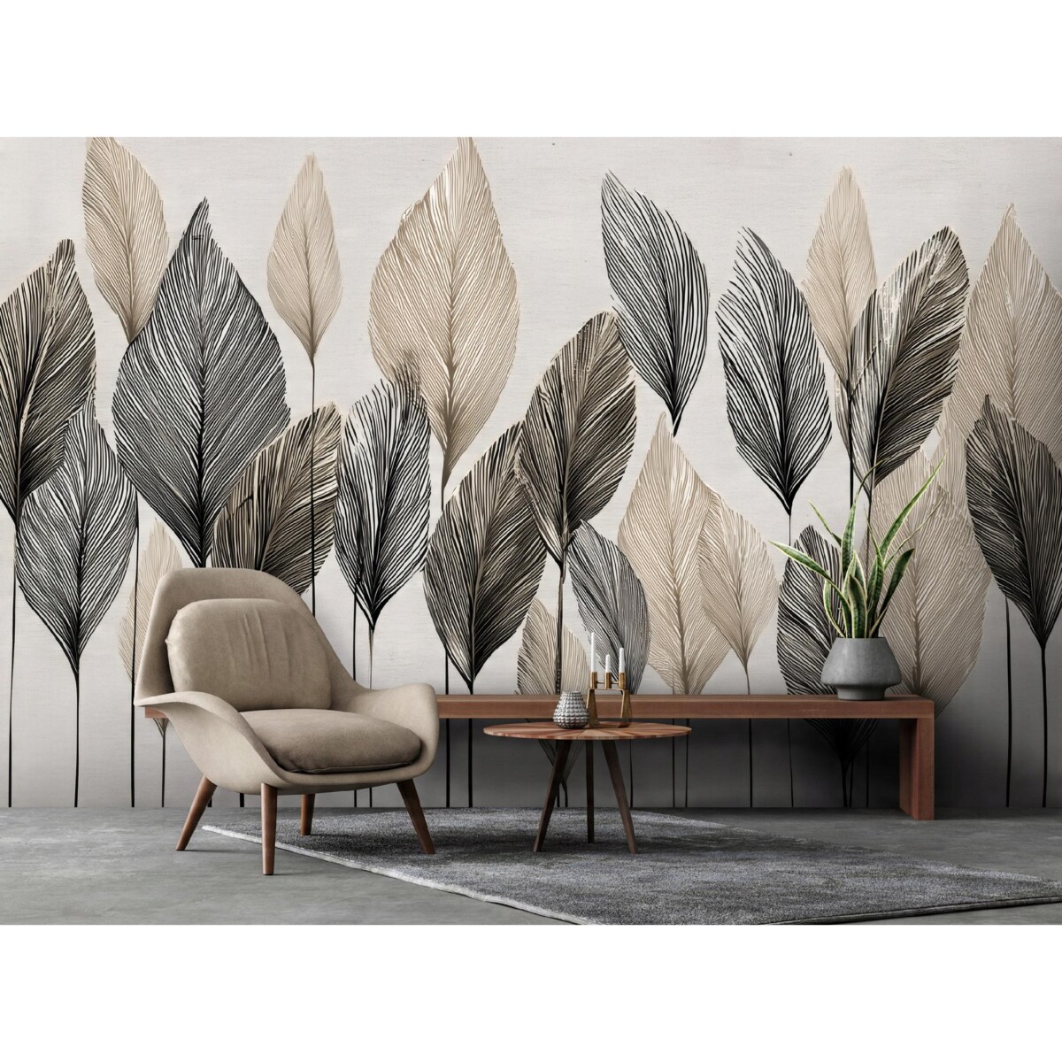 Fototapeta Do Sypialni Salonu Na Flizelinie Liście Abstrakcja Beżowy 300x210