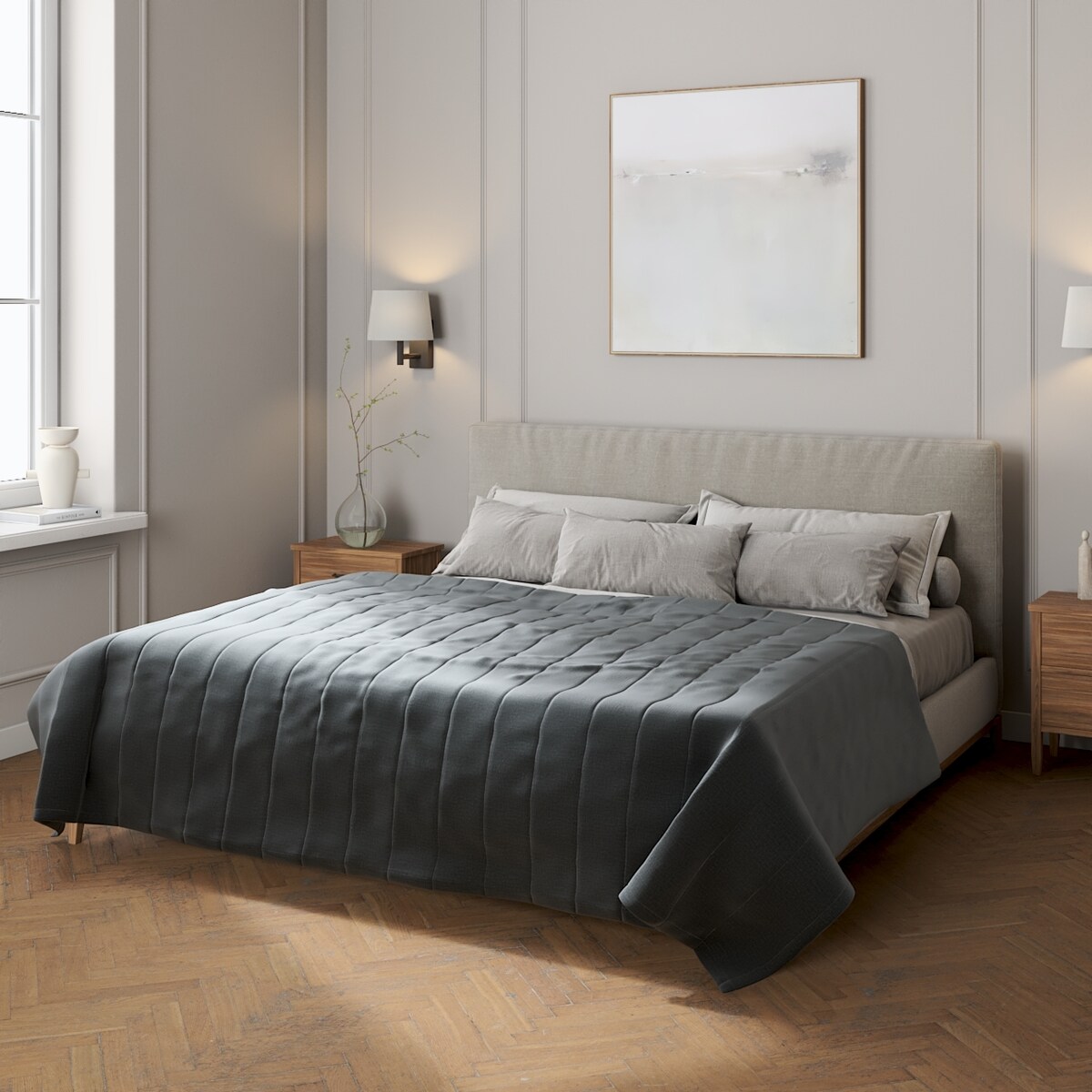 Narzuta pikowana w pasy 200x210 grafitowy welwet