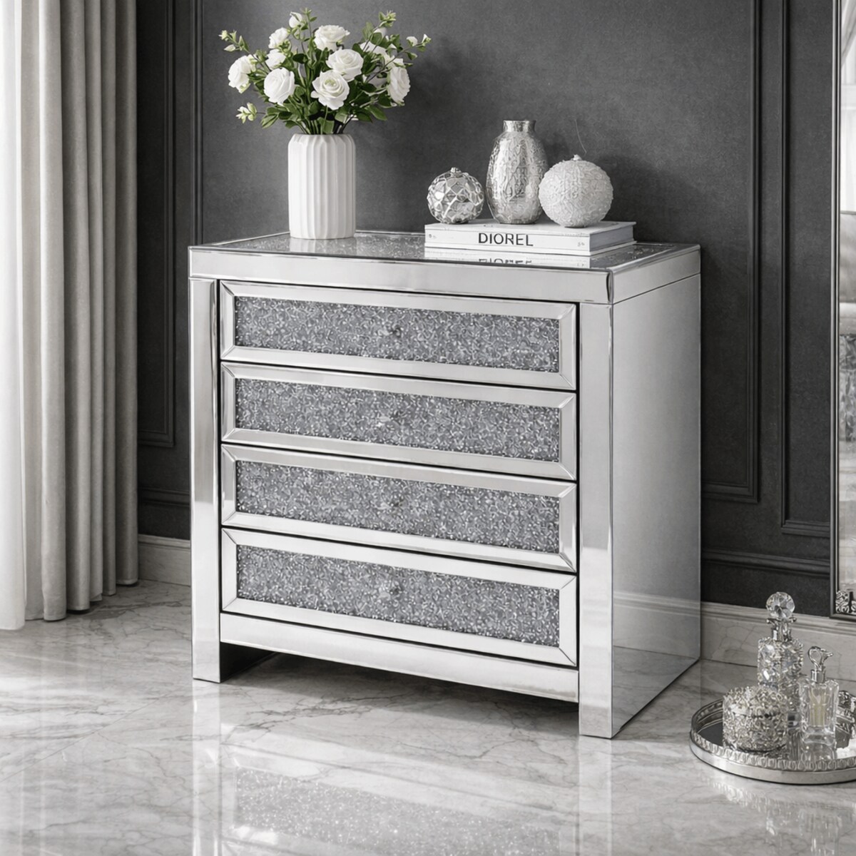 Szklana komoda glamour z kryształkami i szufladami 75x90x45