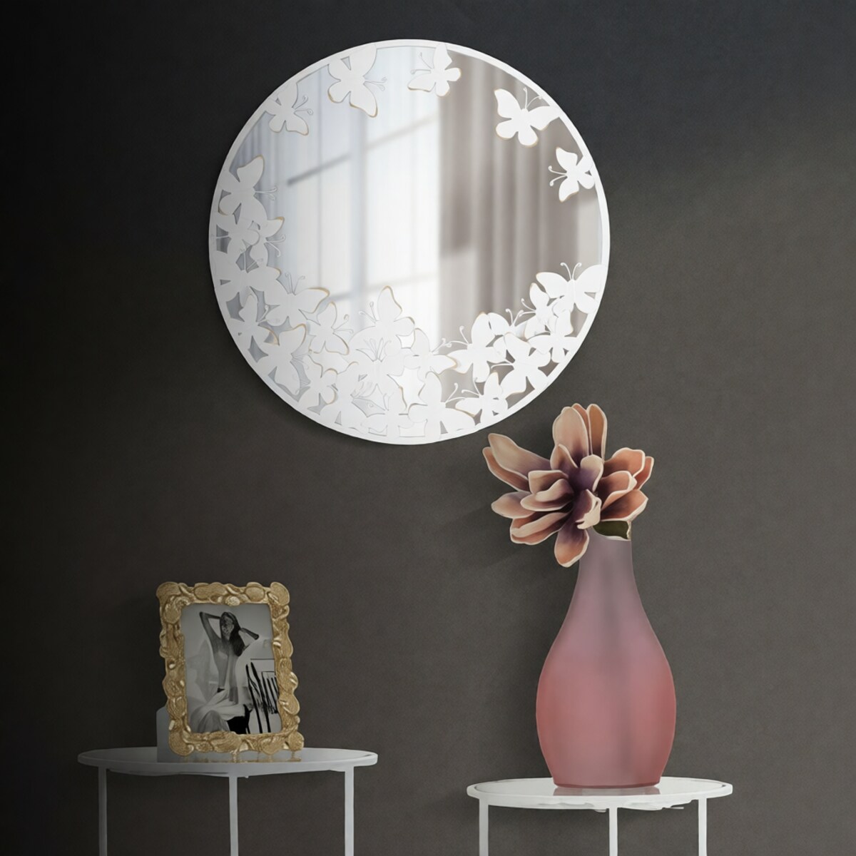 Lustro ścienne Butterfly, kolor biały i złoty, żelazo i płyta MDF, 62,5 x 2,3 x 62,5 cm, kształt okrągły, motyw: motyle, styl glamour, Mauro Ferretti