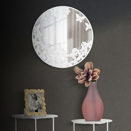 Lustro ścienne Butterfly, kolor biały i złoty, żelazo i płyta MDF, 62,5 x 2,3 x 62,5 cm, kształt okrągły, motyw: motyle, styl glamour, Mauro Ferretti