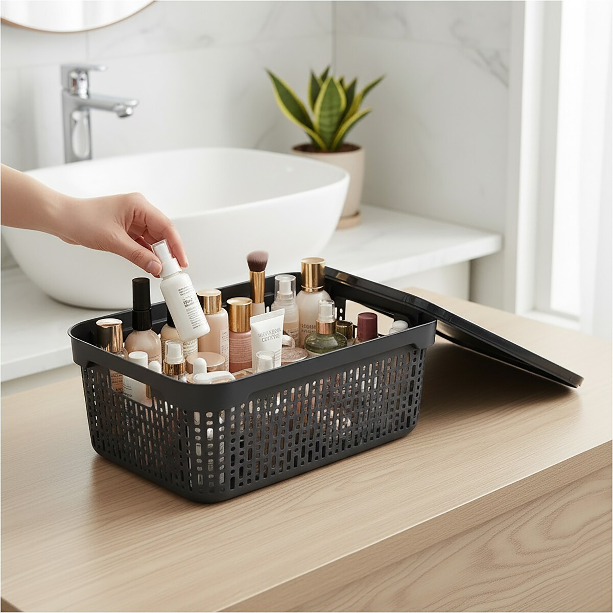 Koszyk Koszyczek Ażurowy XL Plastikowy Na Kosmetyki Do Łazienki Pojemnik Z Pokrywką Zamykany Z Dziurkami Szary