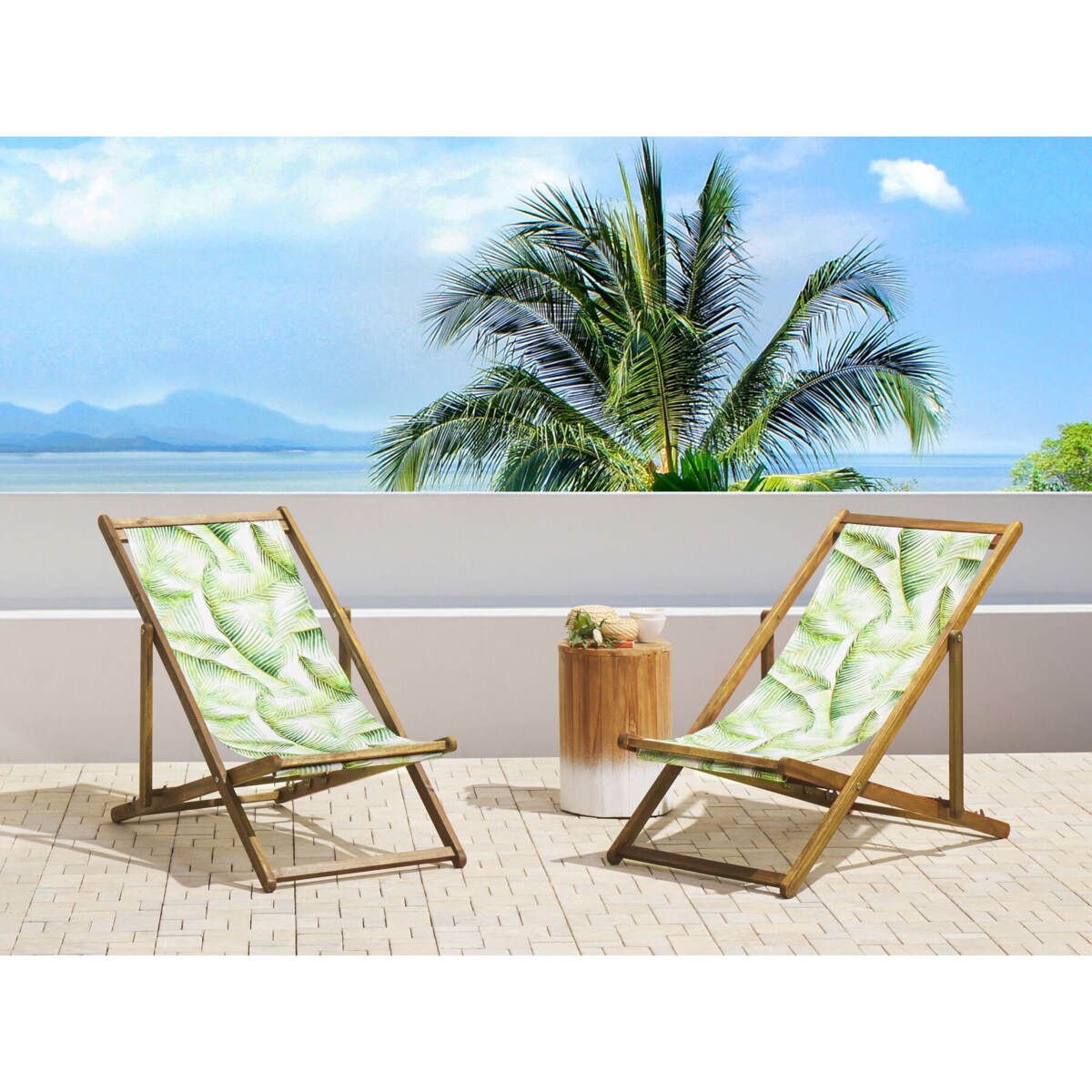 Zestaw 2 leżaków ogrodowych jasne drewno akacjowe wzór w liście palmowe zielony ANZIO