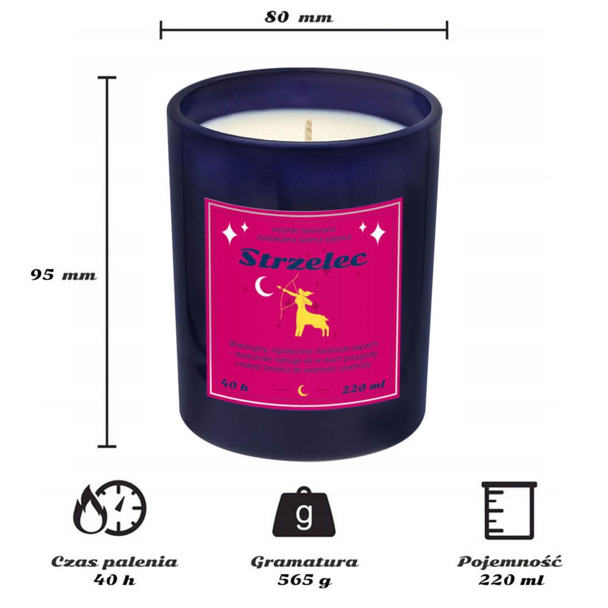 Świeca zodiakalna sojowa naturalna zapachowa STRZELEC - bezpieczna, ręcznie robiona w szklanym słoiczku na prezent upominek dla osoby ze znakiem zodiaku STRZELCA