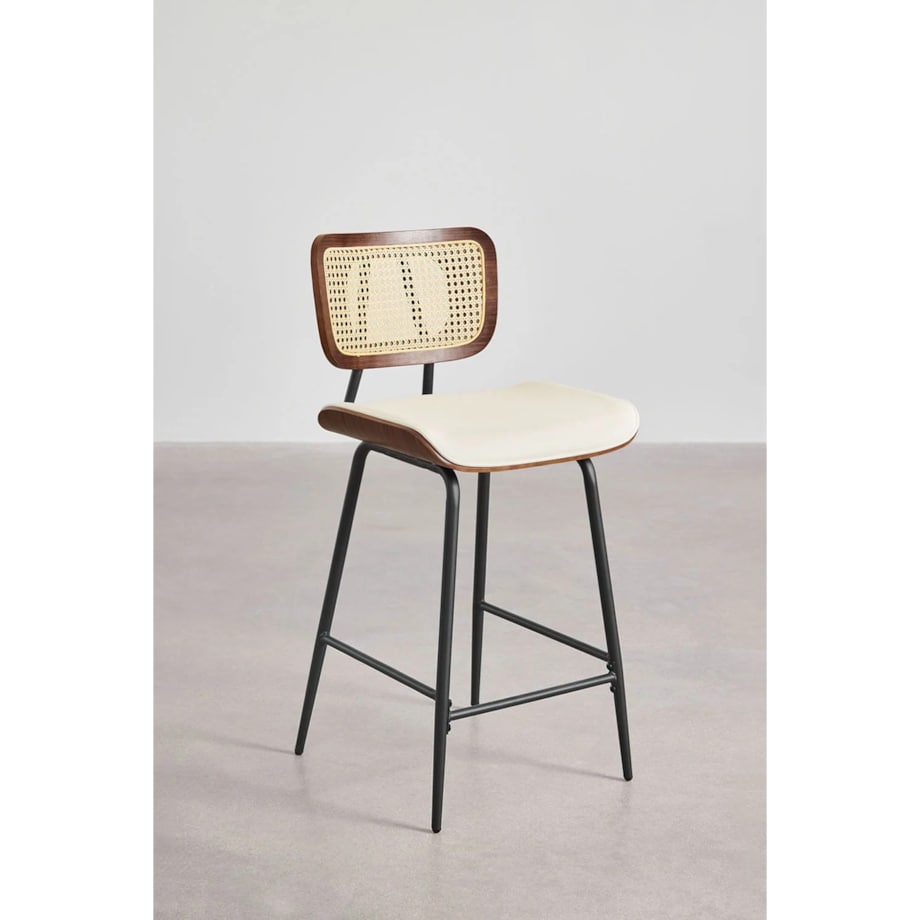 Krzesło barowe z drewna, rattanu i ekoskóry Raysa brązowe